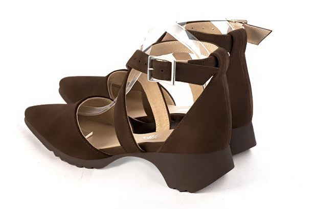 Dark brown women's open side shoes, with crossed straps.. Rear view - Florence KOOIJMAN